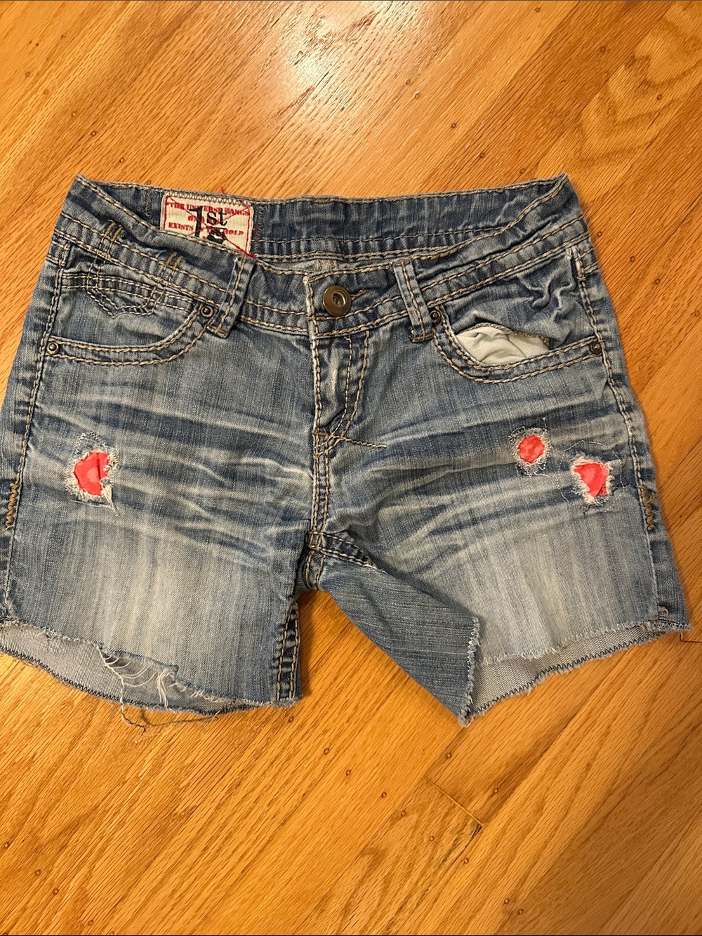 UNIONBAY Light Blue Distressed Denim Shorts with Pink Patch Accents